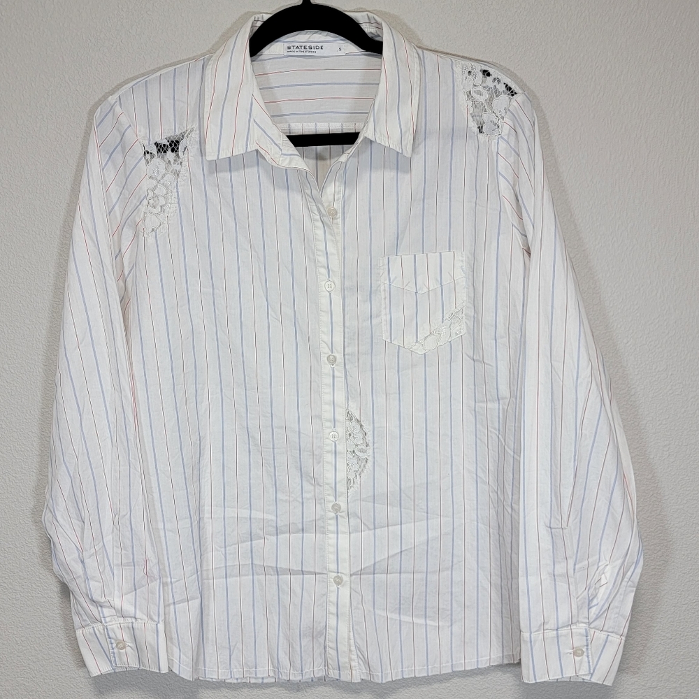 Stateside cotton striped lace button down blouse